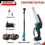 Elektrische Teleskop-Kettensäge & Heckenschere - 2-in-1 Gartenwerkzeug - Bürstenlos - 5500 W - 20 cm Schwert - Kabellos - Mit 2 Akkus - Rot