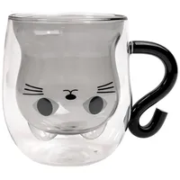 Intirilife Latte-Macchiato-Glas, Glas, Thermo Glas Doppelwandig mit Design Katze 200ml Kaffeetasse Teetasse schwarz