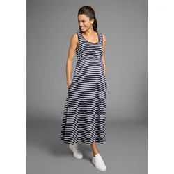 Umstandskleid NEUN MONATE "Langes Schwangerschaftskleid", Damen, Gr. 44, N-Gr, blau (blau geringelt), Single Jersey, Obermaterial: 95% Baumwolle, 5% Elasthan, geringelt, modisch, bequem ca. Mitte Wade, Rundhals, ohne Ärmel, Kleider, Jersey-Kleid für Schwangerschaft und Stillzeit