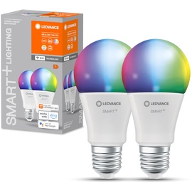 Ledvance E27 LED Lampe,WiFi smart home Leuchtmittel mit 9 W (806Lumen) ersetzt 60 W Glühbirne, dimmbar, RGBW Lichtfarbe (2700-6500K), kompatibel mit Alexa, google oder App, Lampen im 2er-Pack
