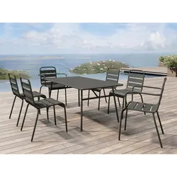 Garten-Essgruppe: Tisch D. 160 cm + 2 stapelbare Sessel + 4 stapelbare Stühle - Metall -  Anthrazitgrau - MIRMANDE von MYLIA