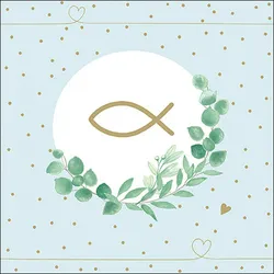 20 Servietten Papier 33x33cm 3-lagig - hochwertige Einweg Papierservietten Fischsymbol Eukalyptus Motiv Tischdeko Religion Kommunion Firmung Taufe
