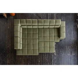 KAWOLA Sofa NELSON Ecksofa Leder olivgrün mit motorischem Sitzvorzug und Hocker Recamiere links