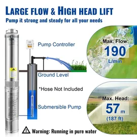 Vevor 4" Tiefbrunnenpumpe 1100W 190L/min max Förderhöhe 57m Edelstahl IP68