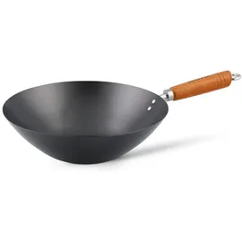 KEN HOM KH335001 Carbonstahl Wokfanne, 35cm, Classic, Nicht-Induktion/Holzgriff/Pfanne mit Flachem Boden, Nicht spülmaschinenfest