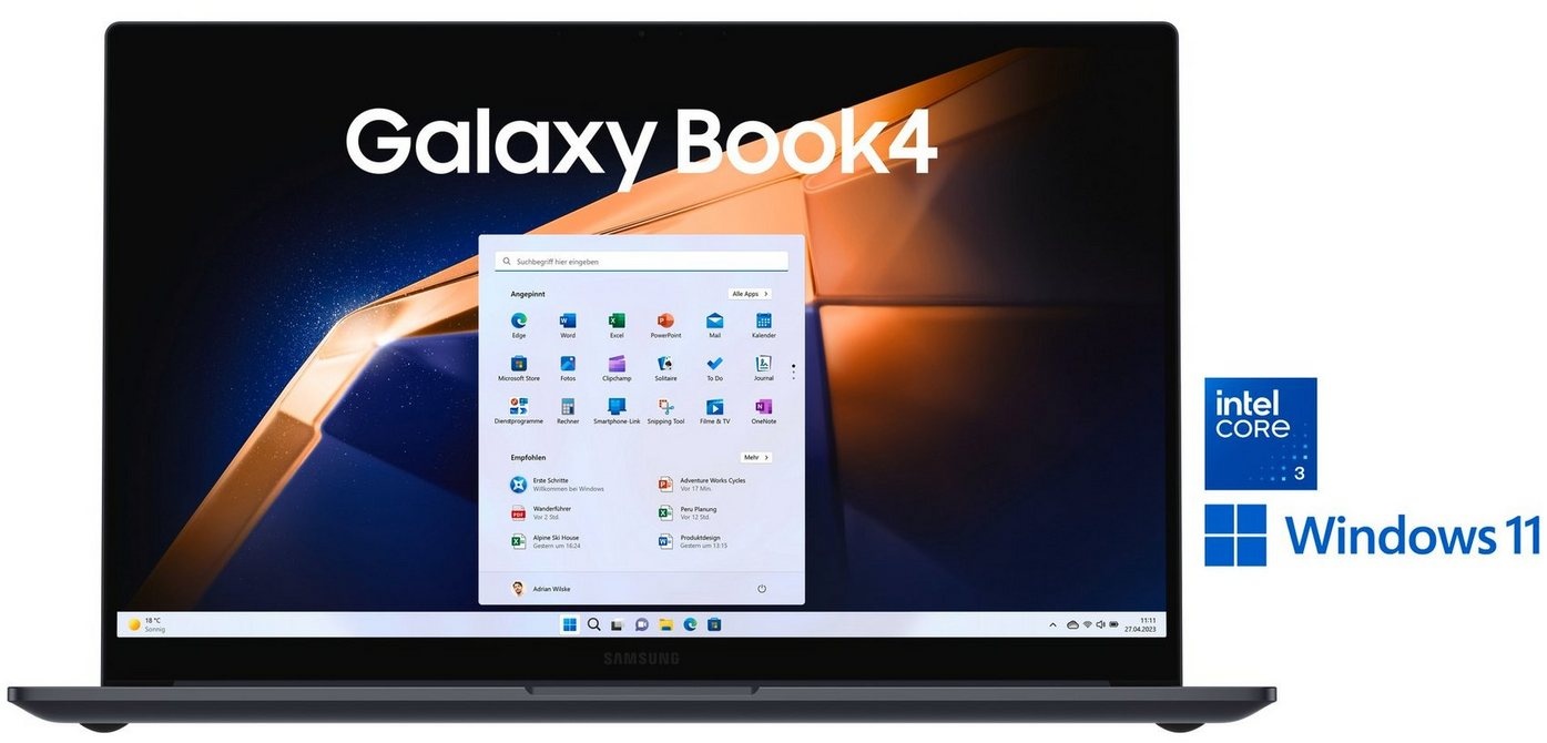 Samsung NP750X Galaxy Book4 15'' Notebook (39,6 cm/15,6 Zoll, Intel Core 3, 256 GB SSD, Intel Core 3 100U Prozessor, 8 GB + 256 GB) grau