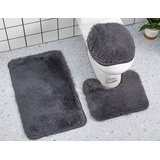 YUMIYU Badematte 3-teiliges Set, weich, dunkelgrau, Toilettendeckel, Toiletten-Badematten, Teppich, Konturmatte, Duschmatte, Darkgrey