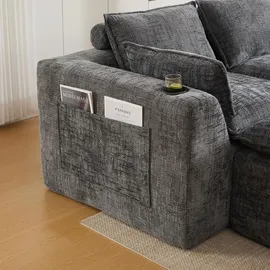 Okwish Dreisitzer Ecksofa mit Hocker, Kissen, Getränkehalter und 2 Seitentaschen, In Chenille Grau