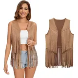 XonyiCos Damen Fringe Weste 70er Jahre 60er Jahre Hippie Westes Ärmellose Cowgirl Western Faux Wildleder Quaste Lederjacke Karneval und Rollenspiele Kostüme (Khaki Quaste Weste, XL) - XL