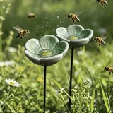 2 Stück Bienentränke Keramik Für Den Garten, Insektentränke Keramik, Bienenbar Wassertränke Mit Gartenstecker, Klein Vogeltränke Stehend, Dekorative Fütterschale Für Bienens, Schmetterling(grün)