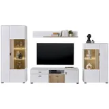 furn.design Wohnwand weiß Eiche, Metall, Nachbildung,Eiche, Uni, Holz Optik, 9 Fächer, 1 Schubladen, 320x180x42 cm, Wohnzimmer, Wohnwände, Anbauwände
