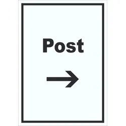 Post Schild mit Text und Richtungspfeil rechts Annahme Brief Paket hochkant A3 (297x420mm)