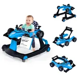 COSTWAY 4 in 1 Lauflernhilfe, Lauflernwagen klappbar mit einstellbarer Höhe & Geschwindigkeit, Baby Walker Autoförmig mit Musikbox, Licht & Rädern, Gehfrei Baby ab 6 Monaten, 12kg Belastbar (Blau)