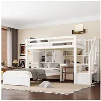 HAUSS SPOLE Hochbett 90x200 mit Schubladen&Schreibtisch,Jugendbett Bettgestell mit Treppe (Treppe & Staufächern, Weiß, multifunktional für Kinderzimmer & Jugendzimmer, robustes Massivholz., 1-St., 252.5 x 232.5 x 160) mit integriertem Schreibtisch