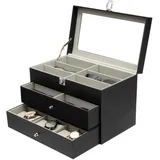 KIOPOWQ Uhrenbox Brillenbox Schmuckbox 12+12 Slots Aufbewahrung Koffer für Uhren und Brillen Schwarz