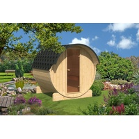 Finn Art Blockhaus Fasssauna Ove 1, 42 mm, Schindeln grün, Outdoor Gartensauna, mit Holz Ofen, Bausatz grün