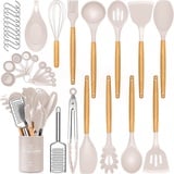 34-teiliges Silikon-Küchenutensilien-Set, hitzebeständiges Utensilien-Set mit hochwertigen Edelstahl-Griffen zum Kochen und Backen, Antihaft-Pfannenwender, Küchenhelfer, Kochgeschirr-Set (Khaki)