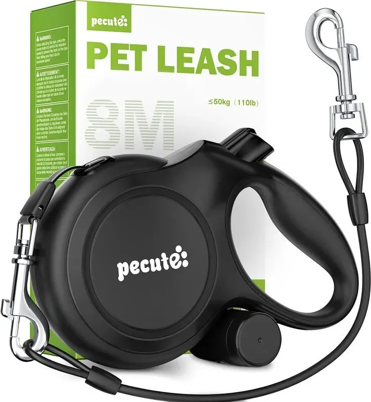 Pecute Instant-Control-Serie 8 m einziehbare Hundeleine mit Stahlseil und Kotbeutel-Dispenser - Schwarz