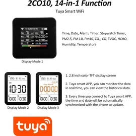 Cocosity in 1 Luftqualitätsmonitor CO2 Messgerät Kohlenstoffdioxid CO TVOC HCHO PM2.5 PM1.0 PM10 Temperatur Luftfeuchtigkeit Erkennung mit Alarmfunktion für