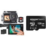 Exprotrek 4K-Action-Kamera mit Touchscreen, EIS Einstellbarer Blickwinkel & Amazon Basics - microSDXC-Speicherkarte, 128 GB, mit großem Adapter, A2, U3, lesegeschwindigkeit von bis zu 100 Mbit/s