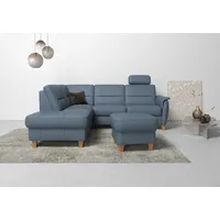 Ecksofa HOME AFFAIRE "Palmera L-Form" Sofas Gr. B/H/T: 236 cm x 89 cm x 212 cm, NaturLEDER-Spannstoff, Ottomane links, mit Bettfunktion-mit Bettkasten, blau (grey, blau) Leder-Ecksofas Federkern, wahlweise mit Bettfunktion und mitohne Stauraum