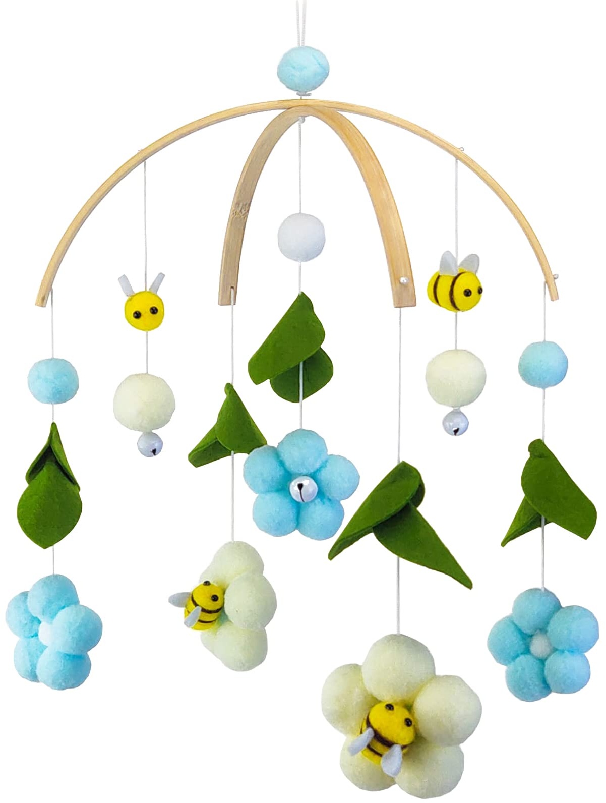 EXQULEG Baby Mobile Windspiel, Bienen Blumen Mobile Baby mit Filzbällen, Kinderzimmer Hängende Bettglocke, Neugeborenen Geschenk für Baby Mädchen oder Jungen (Hellblau)