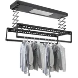 JUDEMII Elektrischer Decken-Wäschetrockner 35kg Tragkraft | Höhenverstellbar (110cm) mit Fernbedienung & LED-Licht, 8+2 Ausziehbare Stangen, Hindernis-Stopp – Für Balkon/Bad (Schwarz)