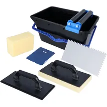 Helpmate Fliesenwaschset 7-teilig 18 Liter Kunststoff Eimer, Doppelrollenaufsatz, Fliesenwaschbrett, Verfugbrett, Glättekelle, Schwamm Made in Germany, 44,5x28x23,2 cm