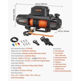 Vevor Elektrische Seilwinde, 6100 kg, 12 V DC LKW-Winde mit Φ 9,5 mm x 28 m Synthetikseil, kabellose & kabelgebundene Fernbedienung, IP68 zum Abschleppen von Geländewagen, Jeeps, Anhängern & Booten