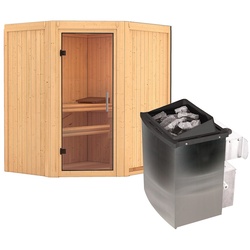 Karibu Sauna Taurin mit Eckeinstieg 68 mm -9 kW Ofen integr. Steuerung-Ohne Dachkranz-Klarglas Ganzglastür