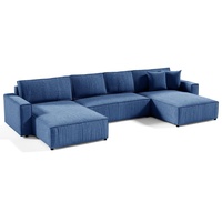 Compleo Ecksofa 390 cm Ecksofa mit Funktionen BOSTON U, U-Form Corner Schlafsofa, Corner Couch XXL in Cordmaterial blau