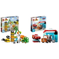 LEGO 10990 DUPLO Baustelle mit Baufahrzeugen & 10996 DUPLO Disney and Pixar's Cars Lightning McQueen & Mater in der Waschanlage Spielzeugautos, Motorikspielzeug für Jungen und Mädchen ab 2 Jahren