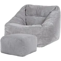 I.C.O.N. icon Sitzsack Riesen Sessel aus Cord Flauschig „Natalia" mit Hocker (Spar-Set, 1 x Sitzsack-Sessel, 1 x Fußhocker), Sitzsack XXL, Made in Germany, für Erwachsene & Kinder, für Wohnzimmer grau