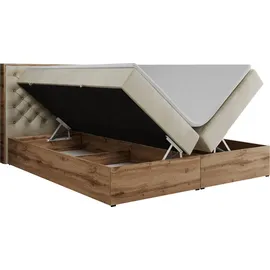 MKS Meble Boxspringbett, Deko, Doppelbett, Polsterbett mit Bettkästen und Multipocket-Matratze, Eiche Wotan holzrahmen - Albero-3 - 120x200cm - Beige Velvet... - Beige