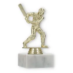 Pokal Kunststofffigur Cricket Schlagmann gold auf weißem Marmorsockel 14,0cm