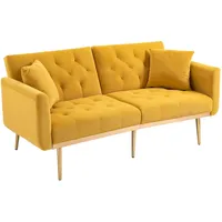 OKWISH Zweisitzer Sofa Schlafsofa mit 3-fach verstellbarer Rückenlehne, Velvet Bezug, Metallbeine, Kissen, platzsparend, Wohnzimmer,70×160cm Senfgelb