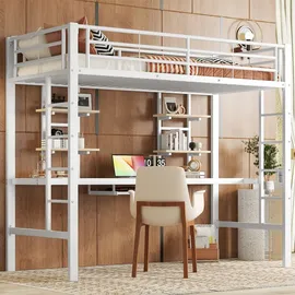XDOVET Hochbett mit Schreibtisch und zwei Bücherregalen 90 x 200 cm MDF weiß