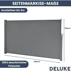 DELUKE® Seitenmarkise ausziehbar 160x300cm Blickdicht - Sichtschutz Windschutz | Markise Wandmarkise ausziehbar Sonnenschutz | Grau