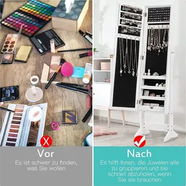 Goplus Schmuckschrank mit Spiegel, Freistehendes Schmuckregal mit Stauraum, Abschließbarer Spiegelschrank, Verstellbarer Spiegelwinkel Weiß