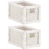 korb.outlet Set / 2 Regalkorb Weiss ca. 20x32x17mit Holzrahmen Rattan Schubfach Box zur Aufbewahrung Schrankkorb Griff