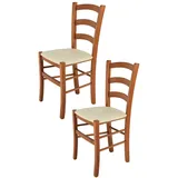 Tommychairs - 2er Set Stühle VENICE für Küche und Esszimmer, robuste Struktur aus lackiertem Buchenholz im Farbton Kirschholz und gepolsterte Sitzfläche mit KUNSTLEDER in der Farbe Elfenbein bezogen
