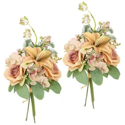 Kunstblume I.GE.A. "Kunstblumen-Strauß Rosen Lilien Hortensie", orange (peach), B:18cm H:35cm L:17cm, Polyester, Kunstpflanzen, Blumenstrauß Bouquet Blume Grabschmuck Aufleger Grabdeko