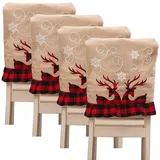Minkurow Set Mit 4 Weihnachtlichen Stuhlhussen Aus Leinen, Weihnachtselch-stuhlhussen, Waschbare Weihnachts-stuhlhussen Mit Spalier-stuhlhussen Für Weihnachts-esszimmer (zwei Hirsche)