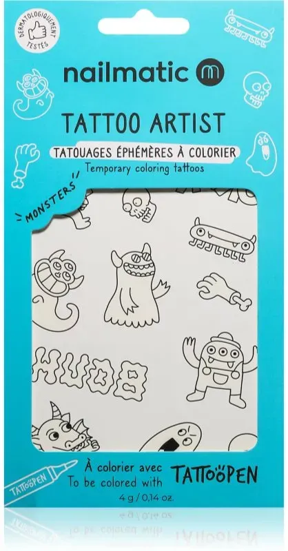 Nailmatic Tattoo Artist Temporary Coloring Tattoos tattoo für Kinder 3 y+ Monsters 9x16,3 cm