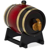 Relaxdays Whiskyfass, 1,25 l, Holz, Schnapsfass mit Bock & Zapfhahn, für Wein, Spirituosen, Deko Holzfass, rot/schwarz