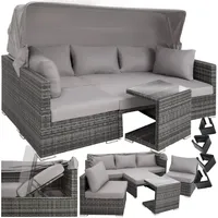 tectake Rattan Sonneninsel Sitzgruppe, Lounge Möbel Set inkl. Sofa mit Sonnendach, Hocker, Sesseln und Tisch, Outdoor Gartenmöbel, Loungemöbel Balkon und Garten, Terrassenmöbel, wetterfest - grau