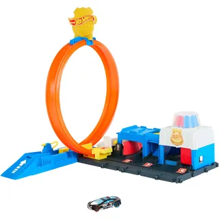 Mattel Hot Wheels Spielzeugauto Streckenset, Super Polizeiwache-Spielset mit Die-Cast-Fahrzeug im Maßstab 1:64 und anpassbaren Loopings für unterschiedliche Renn- und Stuntmöglichkeiten, JBM71