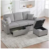 BlingBin Sofa Loungesofa mit LED-Beleuchtung & USB-C-Port, mit 2 Schubladen Stauraum-Fußteil, Getränkehaltern und Seitentaschen 1 Teile, für Wohnzimmer, Schlafzimmer, Büro grau