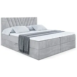 altdecor Boxspringbett mit H4 Matratze und Topper - 180 x 200 cm - ERNINA - Hellgrau Samt - Polsterbett mit Bettkasten und Lattenrost, Bett mit Sta... - Hellgrau