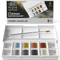 Winsor & Newton 0390702 Cotman Metallic Aquarellfarbe Studio Wasserfarben, lebendige hochwertige Farben mit sehr guten Verarbeitungseigenschaften, Set - 8 Farben in 1/2 Näpfe, Metallic Pocket Set
